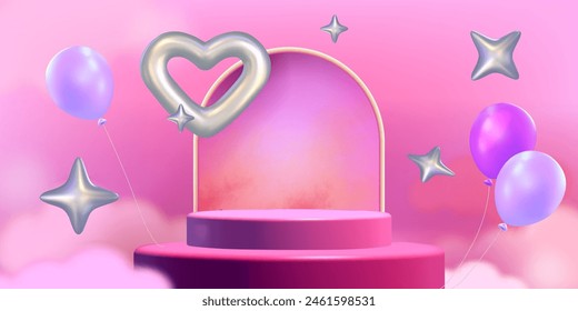 3d pink love podium for product display in studio background. Abstract valentine day banner template with y2k silver chromatic element and cloud design. Promotion offer stand with wall and arch