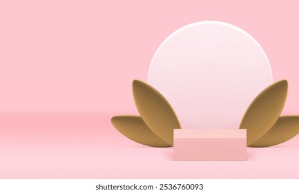 3d pink luxury podium mockup for cosmetic beauty product show presentation realistic vector illustration. Elegant feminine squared pedestal with round wall background and golden leaves for advertising