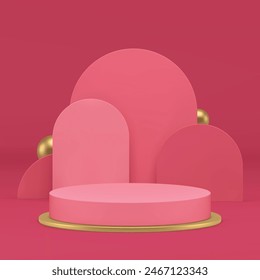 3d pink luxury podium pedestal elegant mock up for cosmetic product show realistic vector illustration. Elegant feminine trendy cylinder stage with semi circle wall background and golden sphere