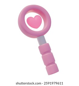 3D Pink magnifying glass and Heart. Love search, romantic concept. Realistic vector illustration. 3D rendering icon