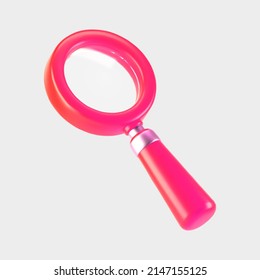 3d pink magnifying glass icon isolated on gray background. Render minimal transparent loupe search icon for finding, reading, research, analysis information. 3d cartoon realistic vector