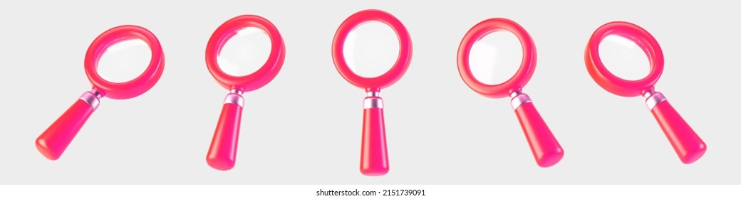 3d pink magnifying glass icon set isolated on gray background. Render minimal transparent loupe search icon for finding, reading, research, analysis information. 3d cartoon realistic vector