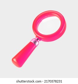 3d pink magnifying glass icon isolated on gray background. Render minimal transparent loupe search icon for finding, reading, research, analysis information. 3d cartoon realistic vector