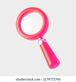 3d pink magnifying glass icon isolated on gray background. Render minimal transparent loupe search icon for finding, reading, research, analysis information. 3d cartoon realistic vector