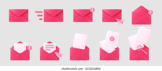 3d pink mail envelope icon set with marker new message isolated on grey background. Render pink email notification with letters, check mark, paper plane and magnifying glass. 3d realistic vector