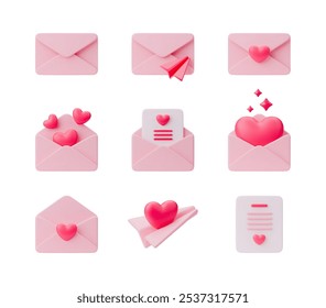 3D pink mail envelope set. Realistic vector illustration with letter, heart, paper plane. Open and closed envelopes love message, be my Valentine. Valentines and Mothers day icon on white background