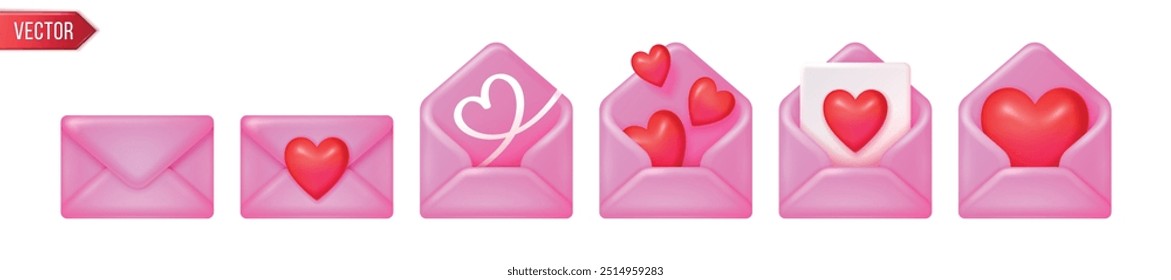 3d pink mail envelopes icon set with red hearts new message isolated on white background. Render email notification. 3d realistic vector.