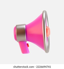 3D-rosa Megaphon-Symbol einzeln auf grauem Hintergrund. Lautsprecher-Render für die Bekanntgabe von Aufmerksamkeit, Promotion, Einstellung, Verkauf und Marketing-Konzept. Render 3D-Cartoon, einfache Vektorgrafik
