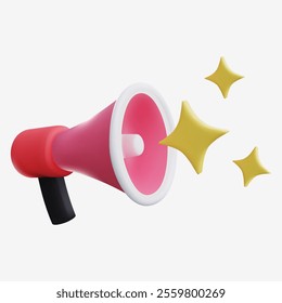 3D Pink Megaphone Icon with Sparkle Stars for Promotions and Announcements