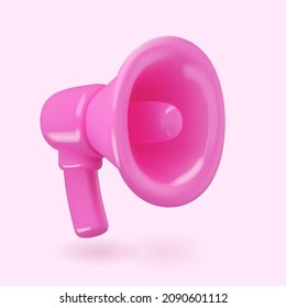 3d pink megaphone realistic icon isolated. Vector speaker illustration