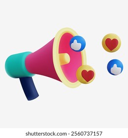 3D Pink Megaphone with Social Media Reactions and Notifications