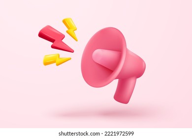 3d pink megaphone, speakerphone or loudspeaker bullhorn for announce promotion, 3d speakerphone loud hailer with microphone, speakerphone 3d icon vector render illustration for warning announcement 