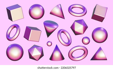 3d pink metal neon gradient shapes render. Vector abstract element set of shere and ball, cube and cone, triangle and ring. Futuristic iridescent holographic isometric shapes.