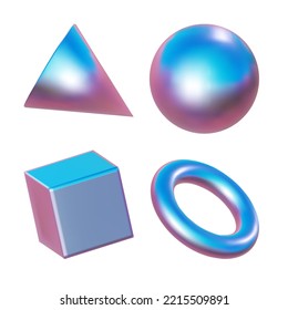 3d pink metal neon gradient shapes render. Vector abstract element set of shere and ball, cube and cone, triangle and ring on white background.