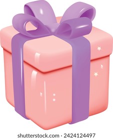 3d pink modern long gift box with pastel ribbon bow isolated on a white background.  Realistic vector icon for present, birthday or wedding banners. 3d render flying modern holiday surprise box.