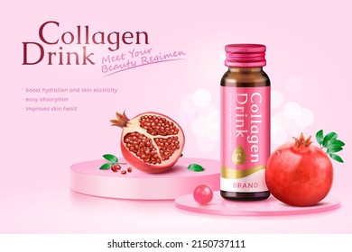 3d pink monotone supplement product ad template. Collagen drink bottle mock-up and fresh pomegranate fruit displayed on glass podiums.