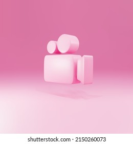 Icono de cámara de vídeo o película rosada 3d aislado en fondo rosa. Icono de la cámara de cine. Ilustración vectorial.