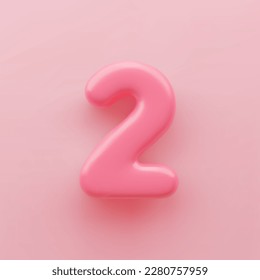 3D Pink number 2 with a glossy surface on a pink background.