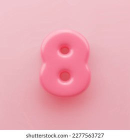 3D Pink number 8 with a glossy surface on a pink background.