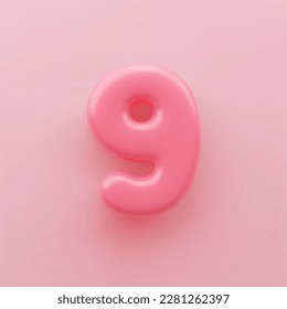 3D Pink number 9 with a glossy surface on a pink background.