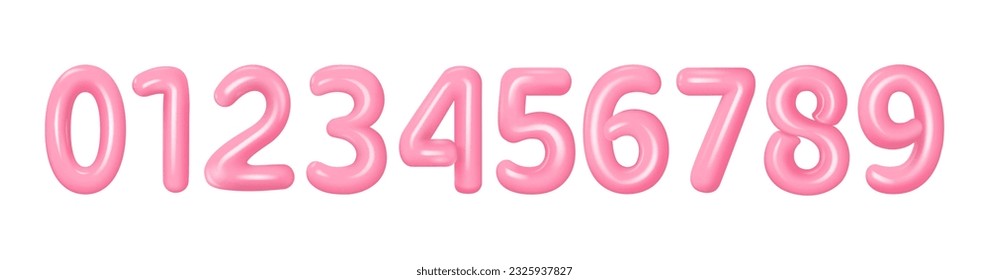 3d pink numbers from 0 to 9. A set of pink plastic volumetric numbers 0, 1, 2, 3, 4, 5, 6, 7, 8, 9 with highlights. Collection of realistic volume rendering figures. Vector illustration
