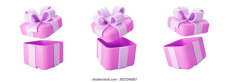 3d pink open gift box set with pastel ribbon bow isolated on a white background. 3d render flying modern holiday open surprise box. Realistic vector icon for present, birthday or wedding banners