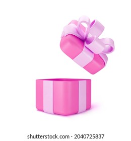 3d pink open gift box standing on the floor with purple pastel ribbon bow isolated on a light background. 3d render modern holiday surprise box. Realistic vector icon