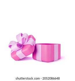 3d pink open gift box standing on the floor with purple pastel ribbon bow isolated on a light background. 3d render modern holiday surprise box. Realistic vector icon