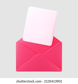 3d pink open mail envelope icon with fly document isolated on grey background. Render giving love email for Mother and Valentines Day greeting. 3d realistic minimal vector