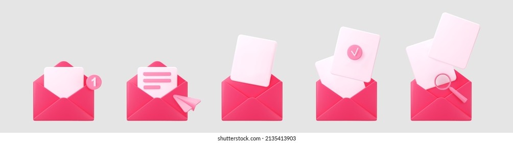 3d pink open mail envelope icon set with marker new message isolated on grey background. Render pink email notification with letters, check mark, paper plane and magnifying glass. 3d realistic vector