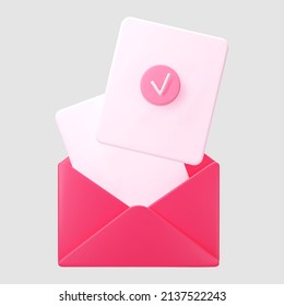 Icono de sobre de correo abierto rosado con marca de verificación aislada en fondo gris. Render e-mail de amor para el saludo de San Valentín y Madre. 3.ᵉʳ vector realista