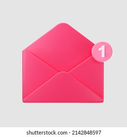 3d pink open mail envelope icon with marker new message isolated on grey background. Render giving love email for Mother and Valentines Day greeting. 3d realistic minimal vector