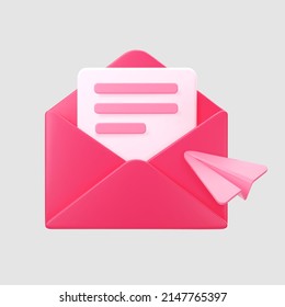 3d pink open mail envelope icon with paper plane isolated on grey background. Render giving love email for Mother and Valentines Day greeting. 3d realistic minimal vector