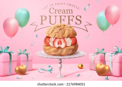 3d pink pastry dessert ad template. Strawberry cream puff displayed on white cake stand with balloons and gift boxes.