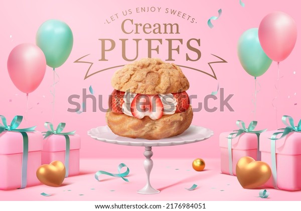 3d pink\
pastry dessert ad template. Strawberry cream puff displayed on\
white cake stand with balloons and gift\
boxes.