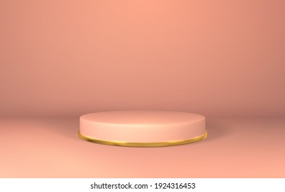3d pink pedestal. Podium display on empty room. Stage for product on cylinder podium. Vector illustration.