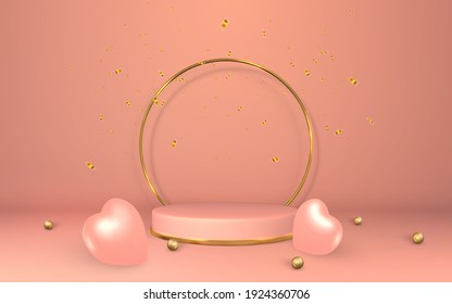 3d pink pedestal. Podium display on empty room. Stage for product on cylinder podium. Minimal style. Vector illustration.