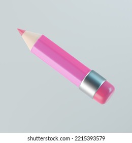 3d pink pencil icon with pink eraser isolated on gray background. Render pencil for education, writing or drawing concept. 3d cartoon simple vector illustration