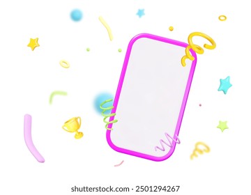 3D-rosa Telefon mit Konfetti auf weißem, isoliertem Hintergrund. Gewinner-Konzept. Stockvektorgrafik.