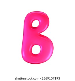 3d pink plastic bubble letter B in y2k style isolated on a white background. Render of 3d cartoon balloon liquid alphabet with neon plastic effect in 90s style. 3d vector modern typography font