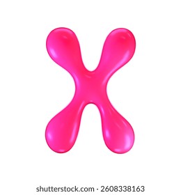 3d pink plastic bubble letter X in y2k style isolated on a white background. Render of 3d cartoon balloon liquid alphabet with neon plastic effect in 90s style. 3d vector modern typography font