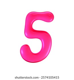 3d pink plastic bubble number 5 in y2k style isolated on a white background. Render of 3d cartoon balloon liquid figure with neon plastic effect, trendy 90s style. 3d vector modern typography numeral