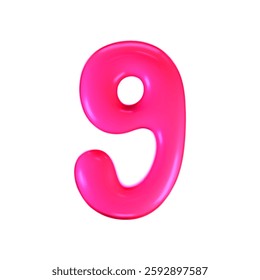 3d pink plastic bubble number 9 in y2k style isolated on a white background. Render of 3d cartoon balloon liquid figure with neon plastic effect, trendy 90s style. 3d vector modern typography numeral