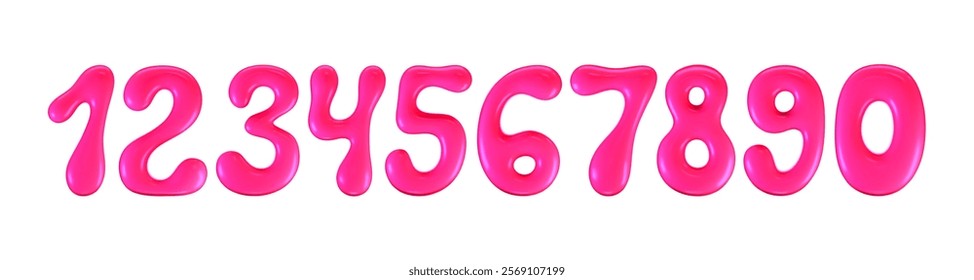 3d pink plastic bubble numbers in y2k style isolated on a white background. Render of 3d cartoon balloon liquid figures with neon plastic effect in 90s style. 3d vector modern typography numerals
