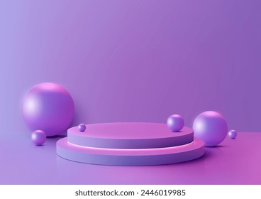 3D pink platform podium with shiny purple balls scattered around it, all set against a purple backdrop. Product mockup display. Vector illustration