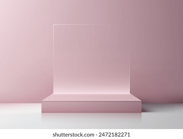 3D Pink Platform Podium with Square Glass Backdrop in Minimalist Studio Setting, Modern Concept for Product Display, Elegant Mockup, Showroom, Showcase, Ideal for Marketing and Branding