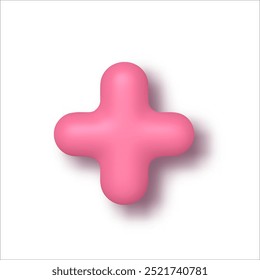 3D pink plus sign on a white background. Realistic symbol for mathematical and medical concepts, design projects, and digital content. Perfect for web design, advertising, or educational purposes