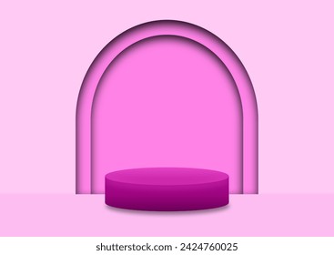 3D pink podium background with realistic pink cylinder pedestal and round window wall scene. Abstract composition in minimal design. Platforms cosmetic product display presentation. Stage showcase.