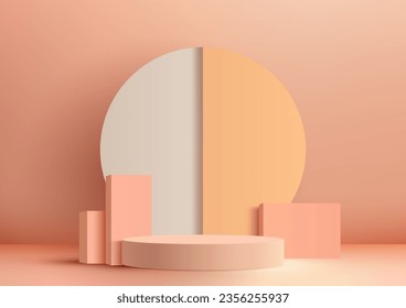 3D pink podium with circle backdrop and geometric elements is a modern and minimalist design perfect for product display. Vector illustration