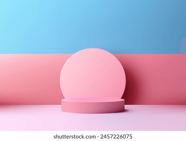 El podio rosa 3D con el fondo del círculo y el fondo azul del cielo es una maqueta moderna de la exhibición del producto del concepto interior. Es perfecto para mostrar sus productos en un profesional. Ilustración vectorial